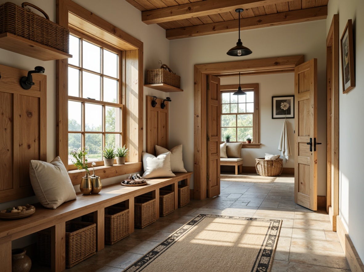 Prompt: Rustic mudroom, earthy tones, natural textures, wooden benches, woven baskets, stone flooring, rough-hewn wood accents, industrial metal hooks, warm beige walls, creamy white trim, soft brown rugs, organic shapes, earth-inspired patterns, natural light pouring in, cozy atmosphere, shallow depth of field, 1/2 composition, realistic rendering.