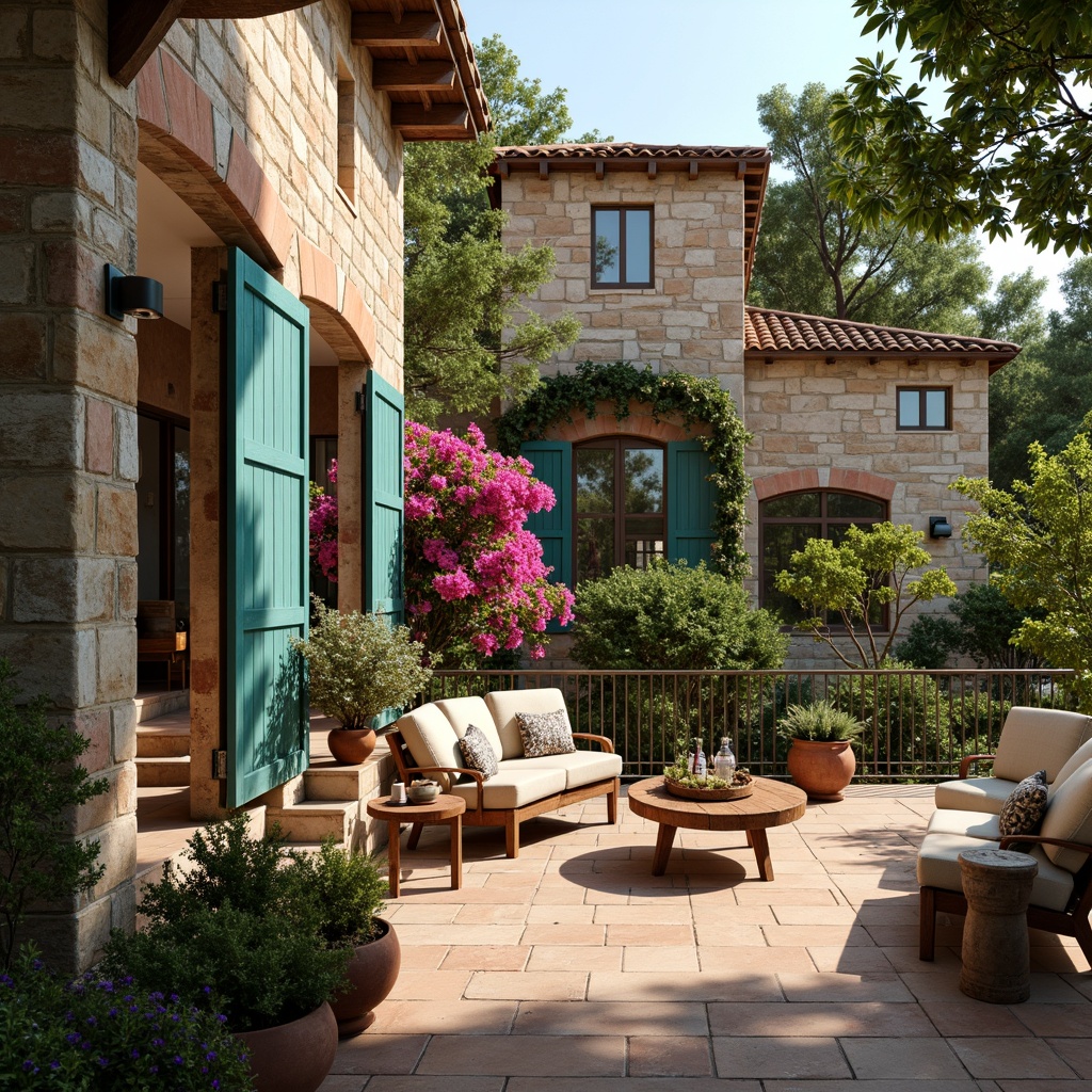 Prompt: Warm Mediterranean villa, rustic stone walls, turquoise accents, vibrant bougainvillea flowers, wrought iron railings, terracotta pots, lush greenery, sun-kissed terraces, soft warm lighting, shallow depth of field, 3/4 composition, earthy tone color palette, weathered wood textures, natural linen fabrics, distressed finishes, ceramic tile flooring, arched windows, wooden shutters, ornate metalwork details.