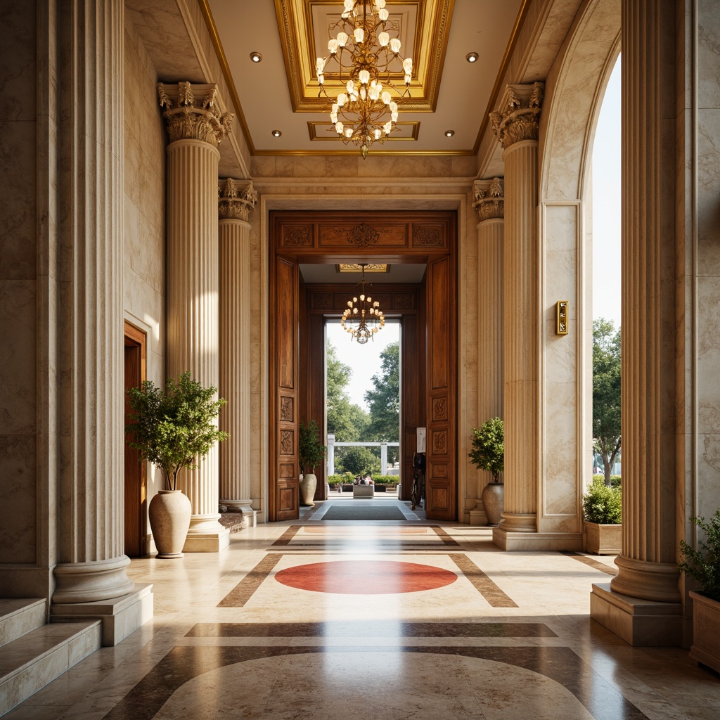 Prompt: Grand entrance, majestic columns, ornate doors, polished marble floors, luxurious chandeliers, warm golden lighting, rich wood tones, creamy white walls, subtle patterned rugs, elegant metal accents, sophisticated color scheme, harmonious contrast, soft warm beige, deep charcoal grey, bold crimson red, vibrant emerald green, refreshing misty blue, 1/3 composition, natural ambient lighting, realistic textures.