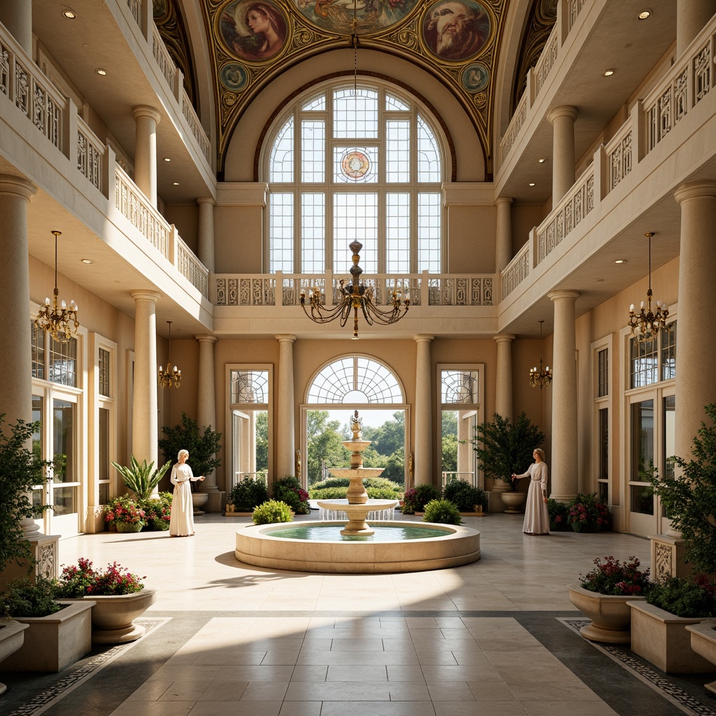 Prompt: Grandiose hospital facade, intricately carved stonework, ornate balconies, gilded ironwork, lavish fountains, statues of angels, soft pastel hues, delicate moldings, curved lines, opulent chandeliers, marble floors, frescoed ceilings, natural light pouring through stained glass windows, serene atmosphere, warm beige tones, 1/1 composition, shallow depth of field, subtle lens blur, realistic textures, ambient occlusion.