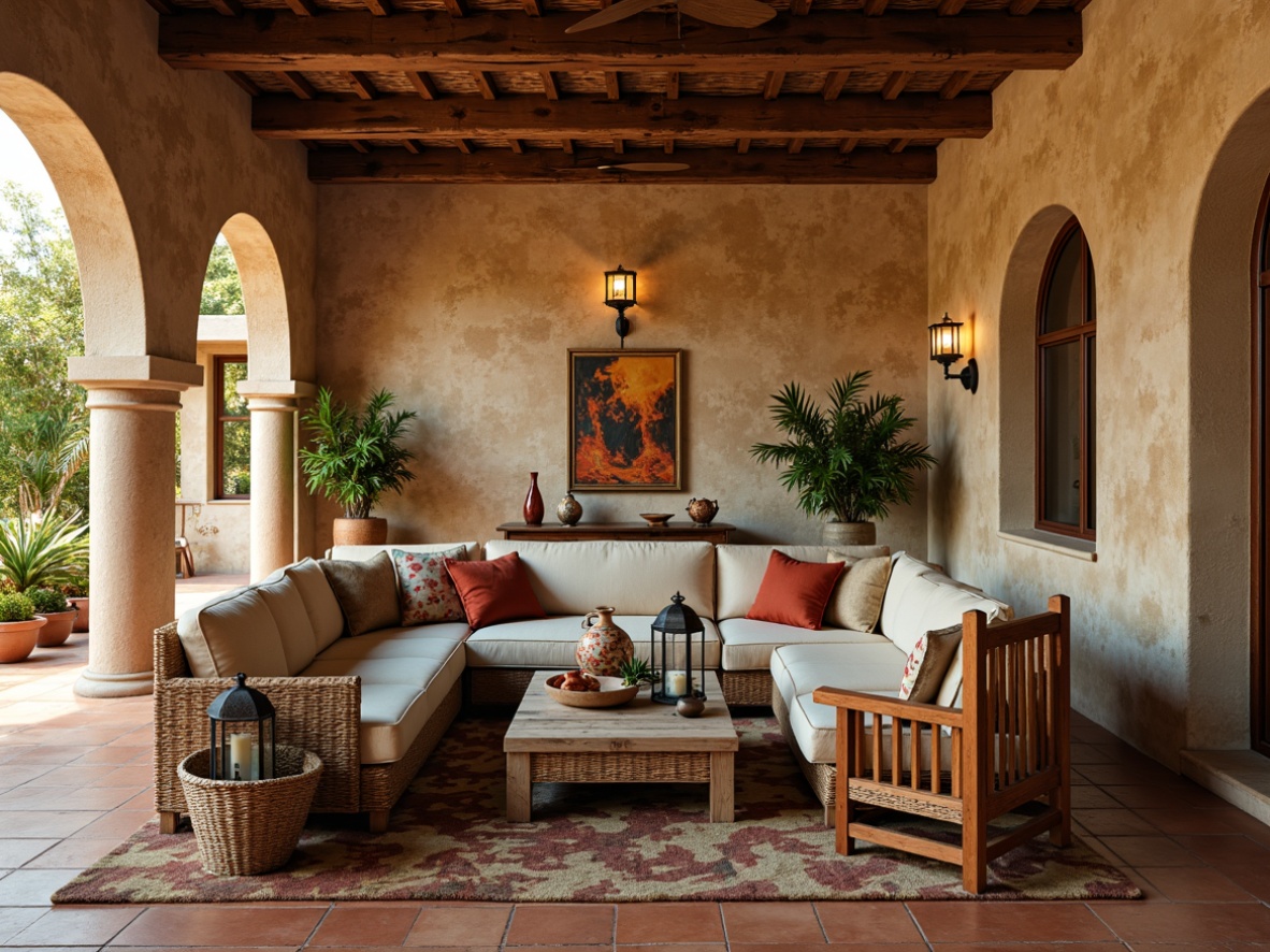 Prompt: Warm Mediterranean villa, rustic stone walls, terracotta floors, wooden beam ceilings, grand archways, plush sectional sofas, distressed leather armchairs, woven wicker coffee tables, ornate metal lanterns, colorful ceramic vases, lush greenery, natural fabrics, earthy color palette, soft warm lighting, shallow depth of field, 3/4 composition, panoramic view, realistic textures, ambient occlusion.