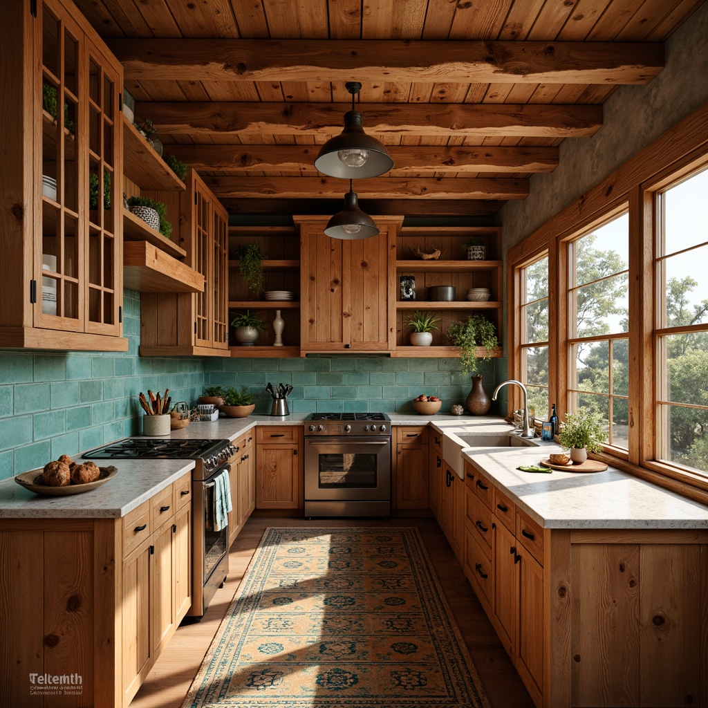 Prompt: Warm earthy tones, rustic wooden cabinetry, hand-carved details, natural stone countertops, woven textiles, vibrant turquoise accents, southwestern patterned tiles, modern appliances, pendant lighting, open shelving, rich wood grain, ambient warm lighting, shallow depth of field, 1/1 composition, realistic textures, soft focus background.