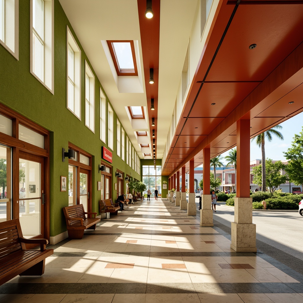 Prompt: Vibrant bus station, mid-century modern architecture, retro-futuristic vibe, bold color scheme, earthy tones, olive green walls, terracotta red accents, creamy white ceilings, polished chrome fixtures, wooden benches, geometric patterned floors, natural stone columns, ample natural light, clerestory windows, minimalist signage, wayfinding graphics, nostalgic ambiance, warm atmospheric lighting, shallow depth of field, 1/1 composition, realistic textures, ambient occlusion.