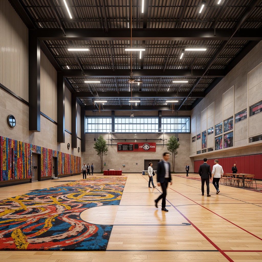 Prompt: Contemporary gymnasium interior, sleek metal beams, polished wood flooring, vibrant colorful textiles, abstract geometric patterns, intricate woven fabrics, bold stripes, dynamic shapes, modern athletic equipment, suspended LED lighting, soft ambient glow, shallow depth of field, 3/4 composition, realistic textures, ambient occlusion, natural stone accent walls, minimalist design, open-plan layout, flexible seating areas, modular furniture systems.