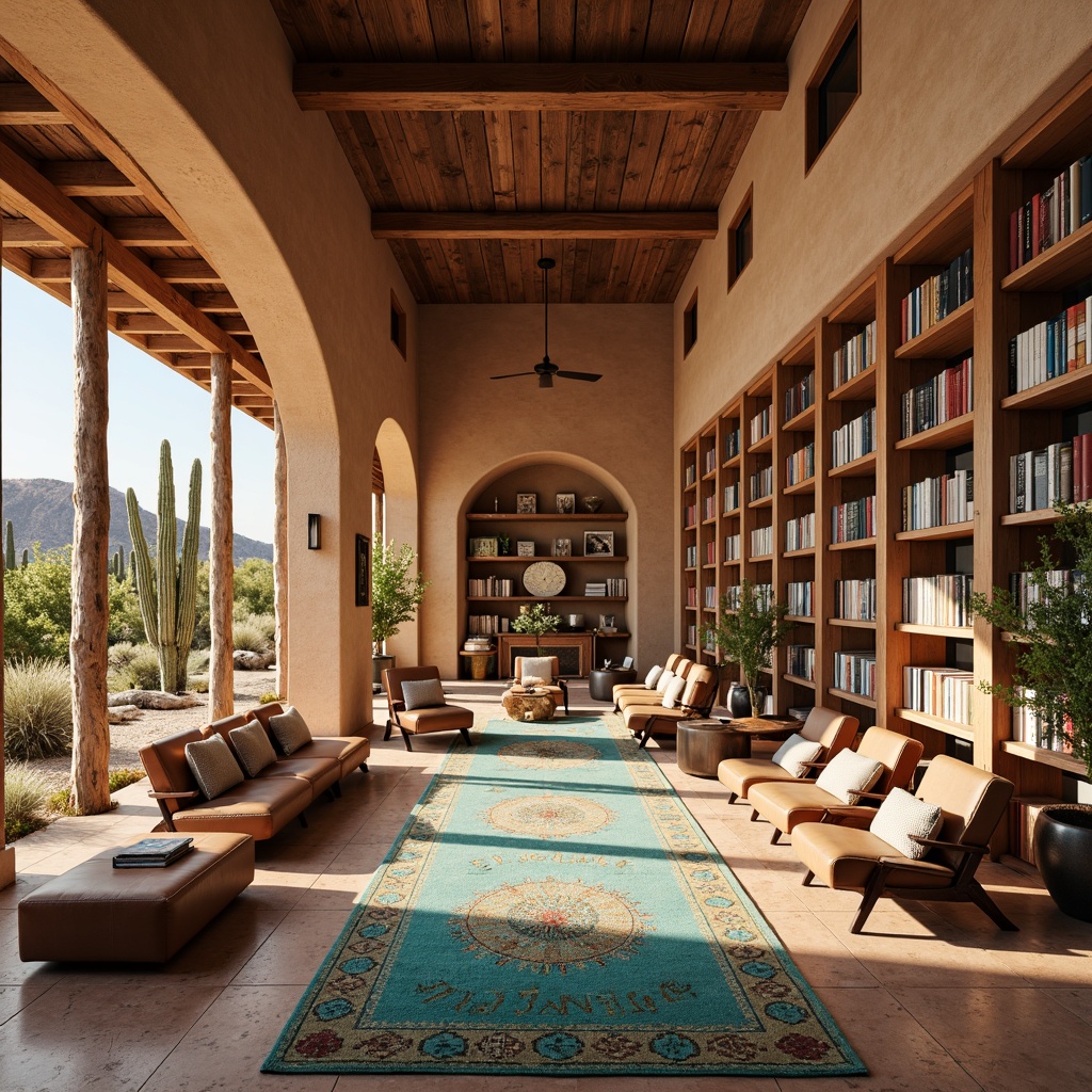 Prompt: Southwestern-style library interior, warm earthy tones, natural stone flooring, wooden accents, vibrant turquoise hues, geometric patterned rugs, comfortable seating areas, cozy reading nooks, floor-to-ceiling bookshelves, rustic wood furniture, ambient soft lighting, warm sunny day, shallow depth of field, 3/4 composition, panoramic view, realistic textures, ambient occlusion, desert landscape views, cactus plants, adobe-style architecture, curved lines, organic shapes, cultural heritage displays, traditional Native American art, woven textiles, leather-bound books.