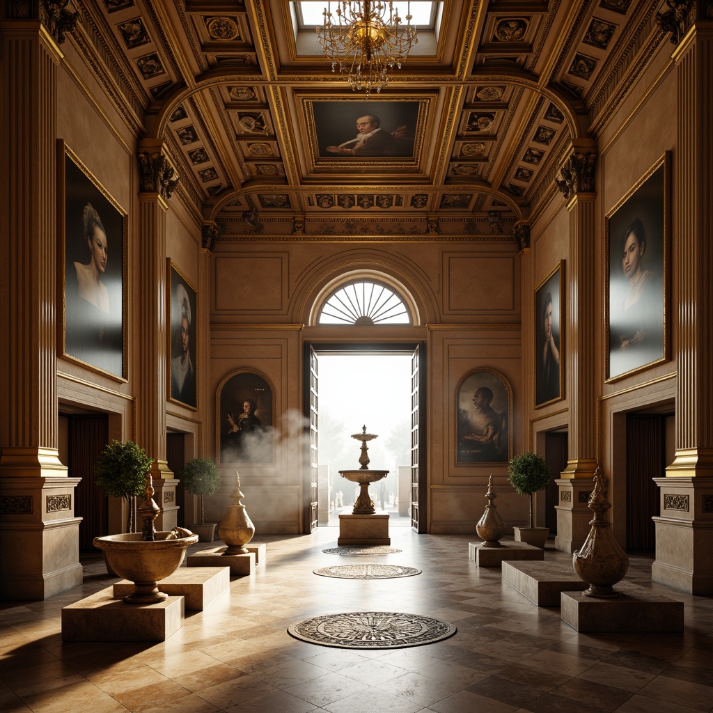 Prompt: Grandiose museum entrance, ornate golden gates, lavish fountains, marble floors, high ceilings, intricate moldings, Renaissance-inspired architecture, rich velvet drapes, gilded frames, oil painting masterpieces, subtle warm lighting, soft focus, atmospheric mist, 1/2 composition, symmetrical balance, realistic textures, ambient occlusion.