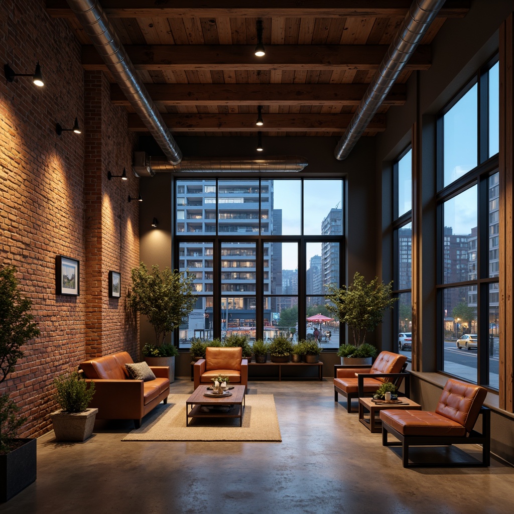 Prompt: Exposed brick walls, reclaimed wood accents, metal beam ceilings, polished concrete floors, industrial-style lighting fixtures, distressed leather furniture, minimalist decor, urban cityscape views, modern skyscrapers, bustling streets, night time scenes, warm softbox lighting, shallow depth of field, 2/3 composition, cinematic atmosphere, realistic textures, ambient occlusion.