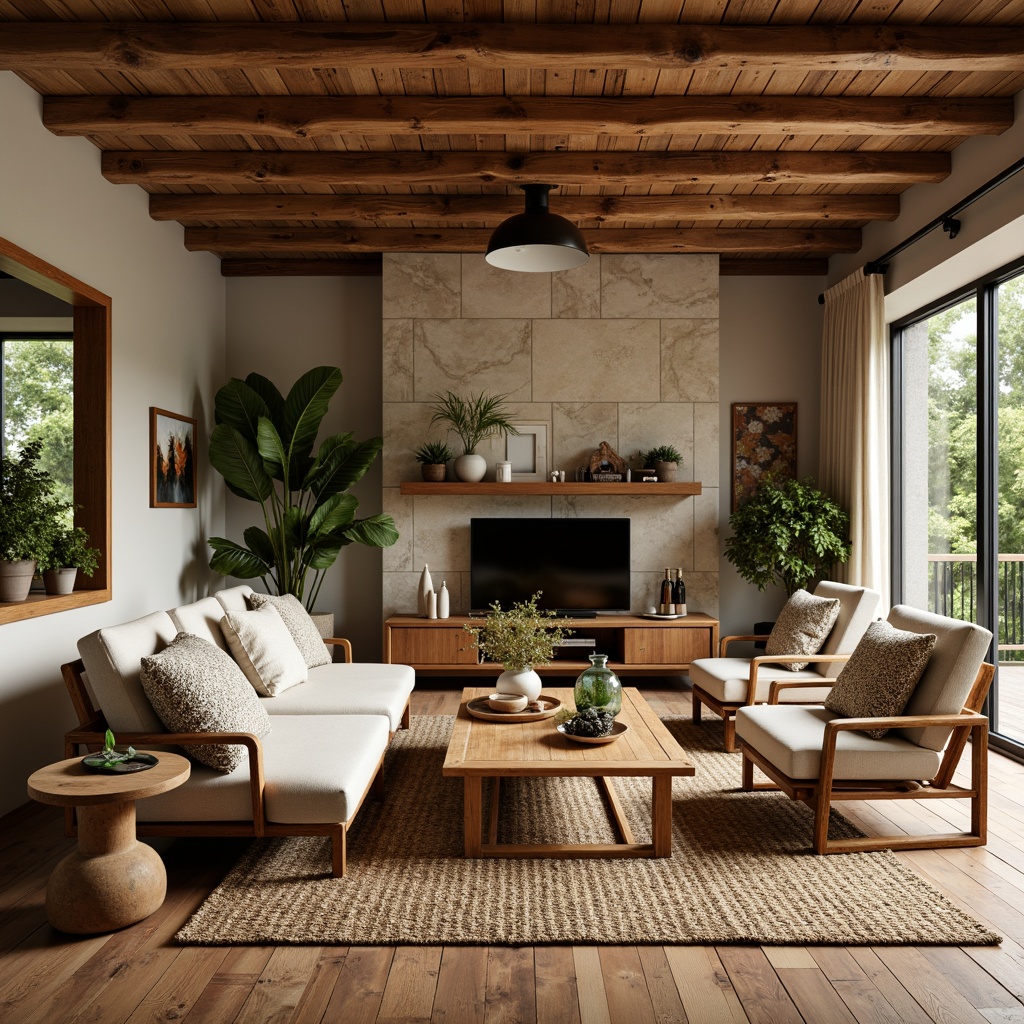 Prompt: Cozy living room, reclaimed wooden flooring, natural stone walls, earthy color palette, woven bamboo furniture, plush woolen rugs, organic cotton upholstery, rattan accents, botanical prints, soft warm lighting, 1/1 composition, intimate atmosphere, ambient occlusion.