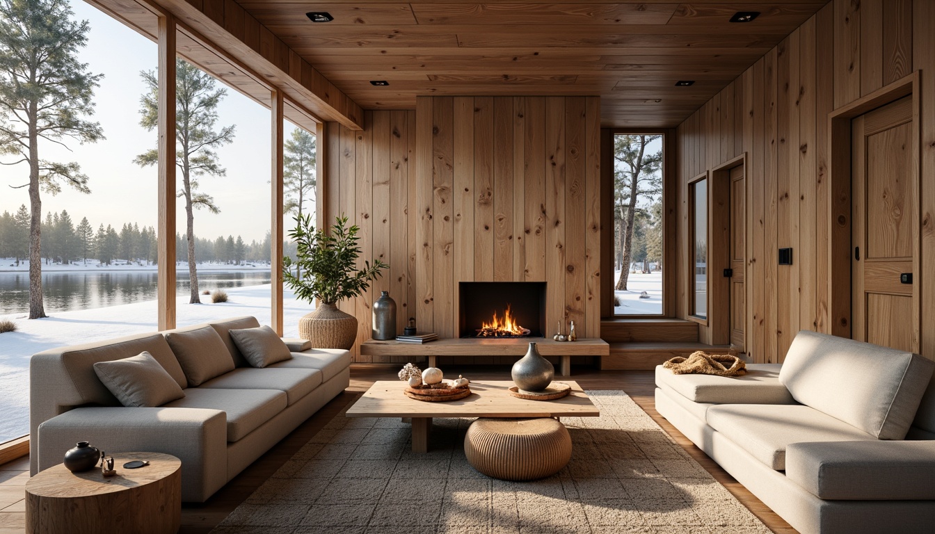 Prompt: Simple Nordic cabin, natural wooden textures, minimal ornamentation, functional furniture, cozy fireplace, monochromatic color scheme, soft warm lighting, shallow depth of field, 1/1 composition, realistic wood grains, ambient occlusion, snow-covered trees, frozen lake, misty morning, gentle sunlight, subtle shadows, clean lines, clutter-free space, organic shapes, handcrafted decorations, woven textiles, earthy tones.