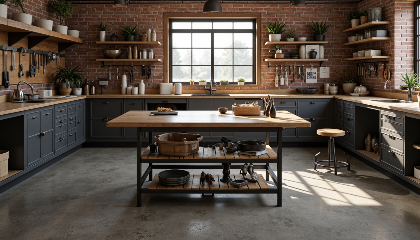 Prompt: Industrial-style workbench, metal frame, wooden tabletop, vice clamps, tool organizers, steel cabinets, epoxy resin finish, concrete floor, exposed brick walls, rustic lighting fixtures, functional shelving units, pegboards, hanging tool holders, ergonomic stools, well-ventilated workspace, natural light pouring in, 1/1 composition, shallow depth of field, realistic textures.