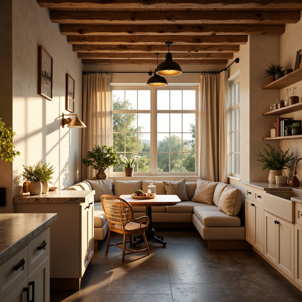 Prompt: Cozy breakfast nook, warm golden lighting, soft ambient glow, pendant lamps, rustic wooden ceiling, creamy white cabinets, marble countertops, farmhouse sink, woven wicker chairs, plush throw pillows, natural linen curtains, gentle morning sunlight, subtle shadows, 1/2 composition, intimate atmosphere, realistic textures, soft focus effect.