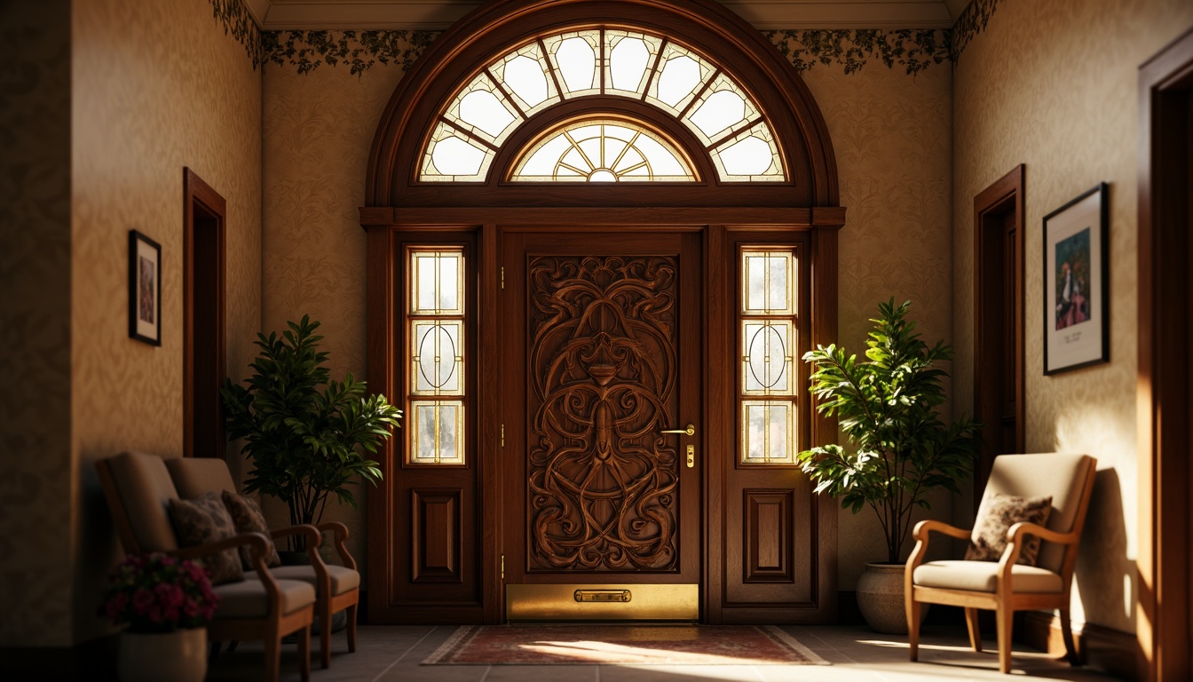 Prompt: \Grand entrance, traditional ornate door, rich wooden texture, carved floral patterns, polished brass hardware, elegant arched transom, stained glass sidelights, warm golden lighting, soft focused blur, 1/2 composition, inviting foyer, plush area rug, classic furniture pieces, subtle wallpaper design, sophisticated color palette, morning natural light, subtle shadows, realistic wood grain, ornate door knocker, decorative house number plate.\