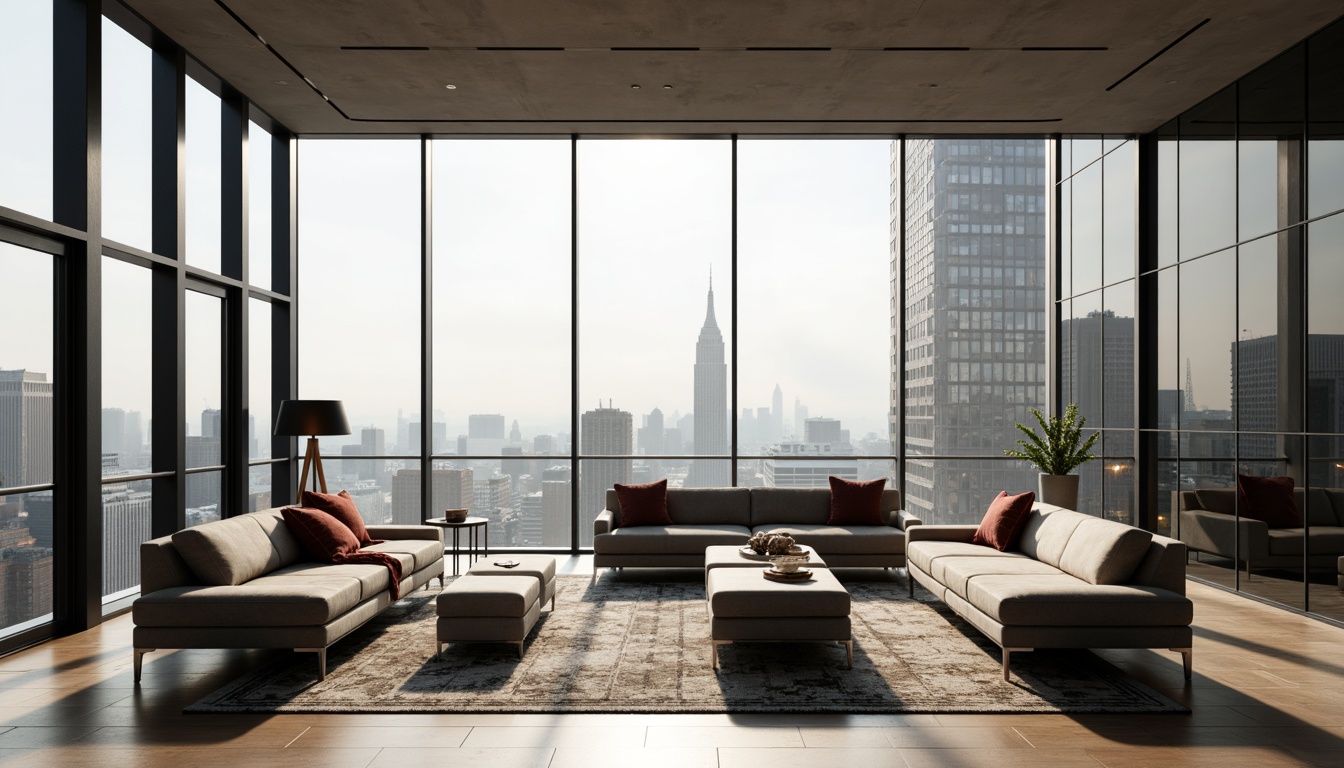 Prompt: Streamlined modern interior, sleek minimalist furniture, low-profile sofas, polished chrome legs, tufted velvet upholstery, geometric patterned rugs, floor-to-ceiling windows, natural light pouring in, urban cityscape views, subtle ambient lighting, 1/1 composition, realistic textures, soft focus blur, atmospheric misting.