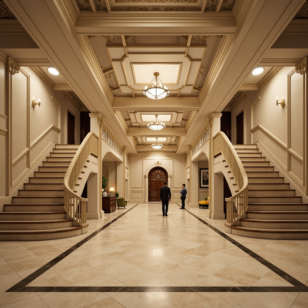 Prompt: Ornate basement, neoclassical style, moldings on walls, cream-colored marble floors, elegant staircases, decorative railings, ornamental columns, classic archways, intricate ceiling patterns, lavish chandeliers, warm soft lighting, 3/4 composition, shallow depth of field, realistic textures, ambient occlusion.