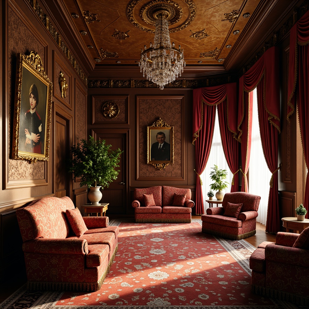 Prompt: Opulent Victorian-era mansion, intricately patterned velvets, richly textured brocades, luxurious silks, jewel-toned upholstery fabrics, ornate carved wooden furniture, gilded accents, crystal chandeliers, lavish drapery, floor-to-ceiling curtains, tassel trimmings, subtle sheen, warm golden lighting, 1/2 composition, soft focus, realistic textures, ambient occlusion.