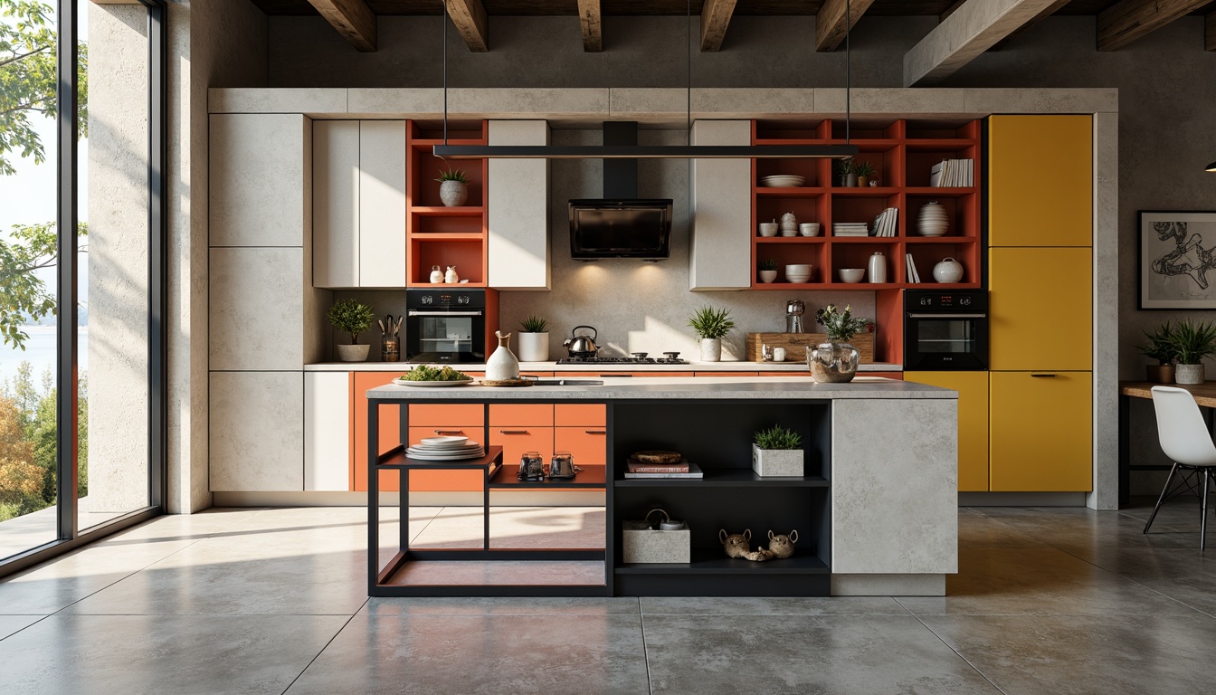 Prompt: Minimalist kitchen island, industrial metal frames, sleek countertops, bold color accents, geometric shapes, functional storage units, open shelving systems, modern appliances, recessed lighting, polished concrete floors, high ceilings, airy atmosphere, natural light pouring in, soft warm glow, shallow depth of field, 1/1 composition, panoramic view, realistic textures, ambient occlusion.