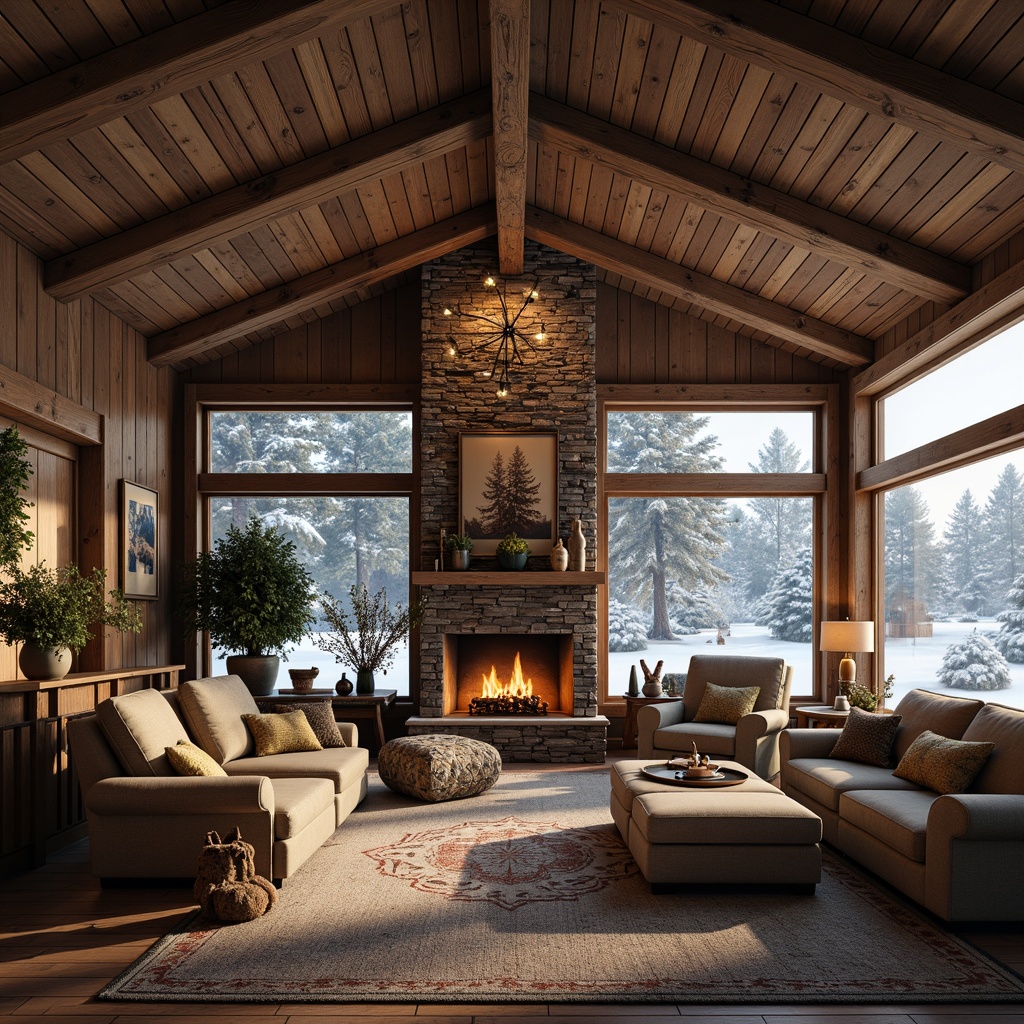 Prompt: Rustic mountain lodge, wooden beams, natural textures, earthy tones, stone fireplace, cozy ambiance, warm lighting, plush furnishings, vintage decorations, wooden accents, distressed wood, reclaimed wood, organic shapes, nature-inspired patterns, cabin-style windows, pitched roof, snow-covered surroundings, misty morning, soft focus, shallow depth of field, 1/1 composition, realistic wood grains.