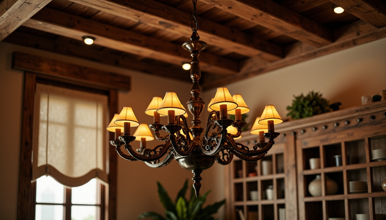 Prompt: Rustic French country chandelier, distressed wood accents, soft warm candlelight, ornate metalwork, creamy white shades, vintage pendant lights, woven rattan fixtures, natural linen textures, earthy terracotta tones, worn stone walls, cozy cabinetry, aged copper details, romantic candlelit ambiance, warm golden lighting, 1/1 composition, shallow depth of field, soft focus.