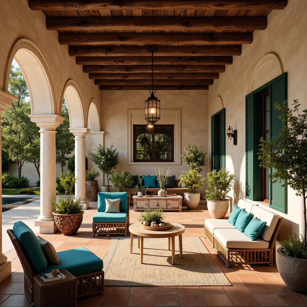 Prompt: Warm Mediterranean villa, rustic stone walls, wooden beam ceilings, terra cotta flooring, elegant archways, ornate ironwork, vibrant turquoise accents, plush velvet upholstery, natural linen fabrics, distressed wood furniture, curved lines, classic Greek columns, lush greenery, overflowing planters, sun-kissed patios, warm golden lighting, soft breezy atmosphere, 1/2 composition, atmospheric perspective, realistic textures.