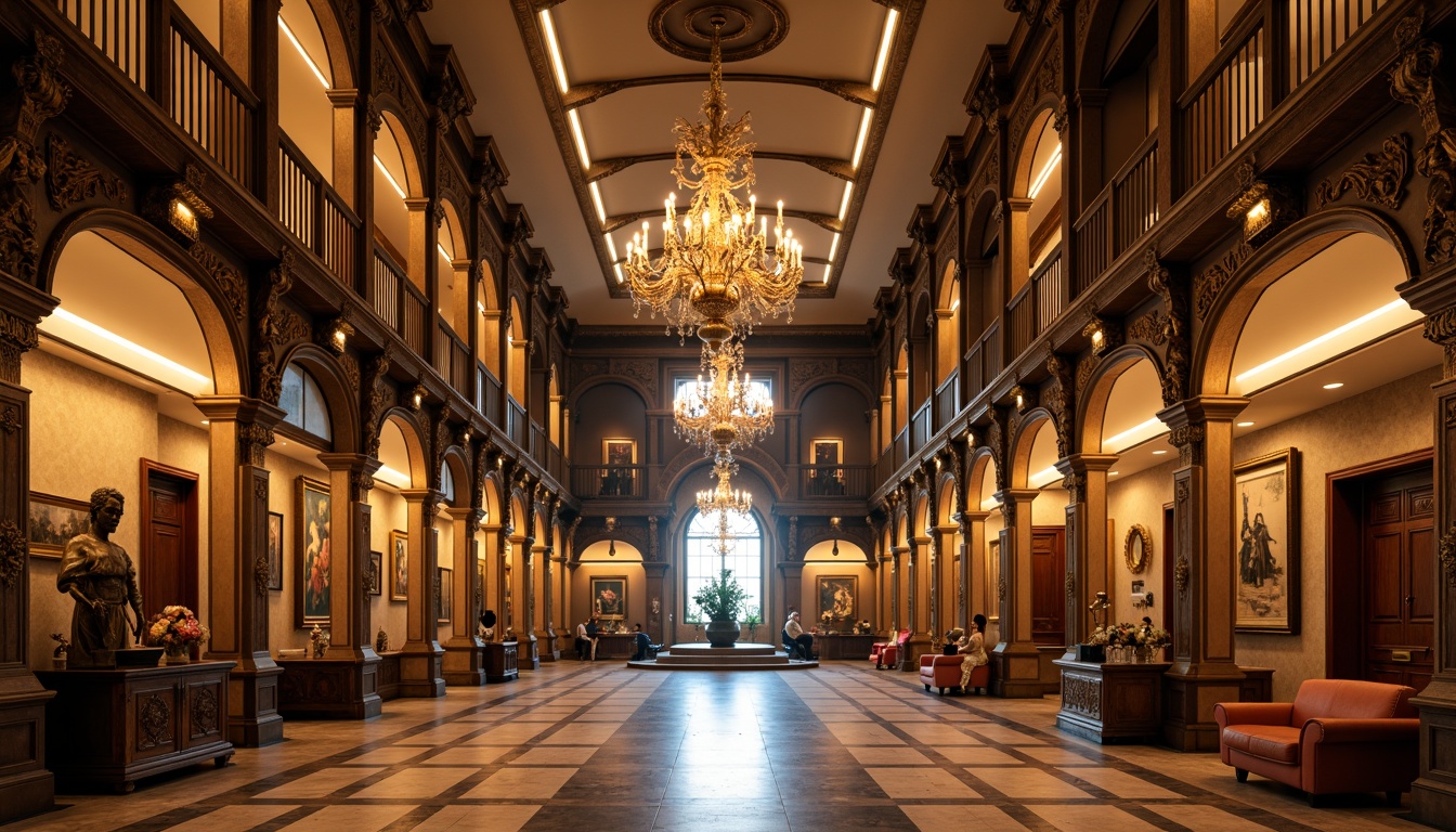 Prompt: Renaissance-style museum interior, grand chandeliers, ornate metalwork, soft warm lighting, golden accents, intricate carvings, marble floors, high ceilings, elegant archways, subtle LED strips, dramatic spotlights, warm color temperatures, gentle glow, ambient illumination, 1/2 composition, symmetrical framing, realistic textures, detailed normal maps.