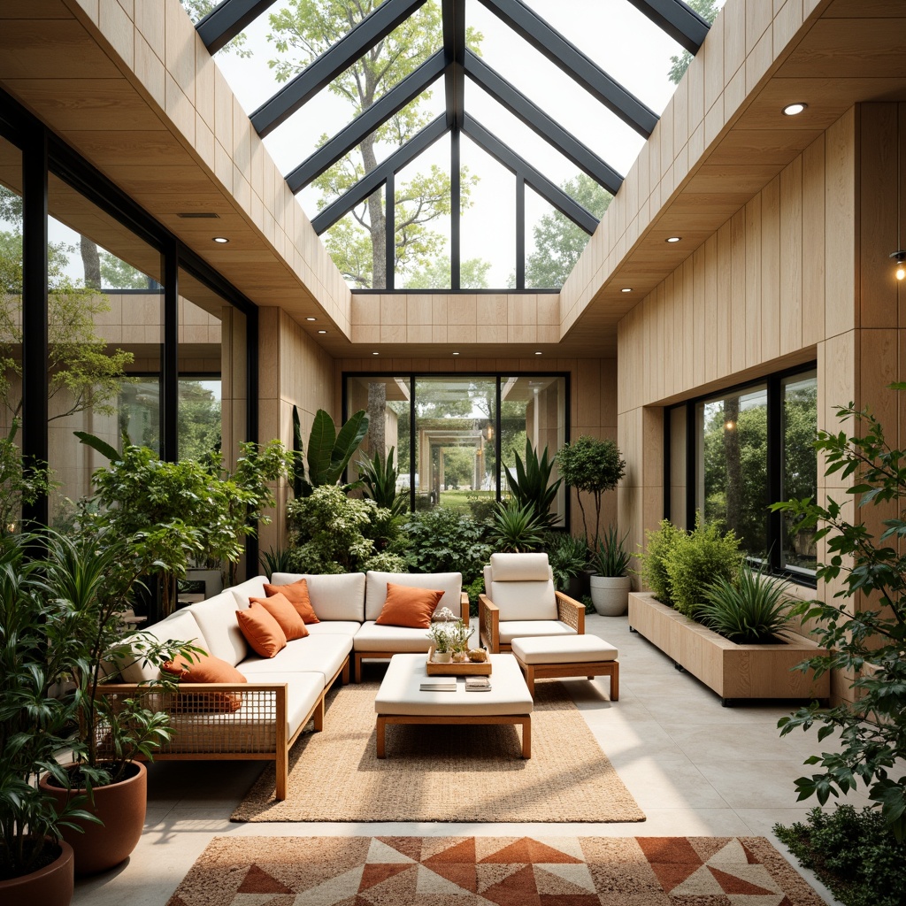 Prompt: Vibrant sunroom, abundant natural light, clerestory windows, sliding glass doors, organic modern furniture, earthy tones, wooden accents, lush greenery, potted plants, minimalist decor, geometric patterns, textured rugs, warm beige walls, subtle wood grain, soft diffused lighting, 1/1 composition, shallow depth of field, realistic textures, ambient occlusion.