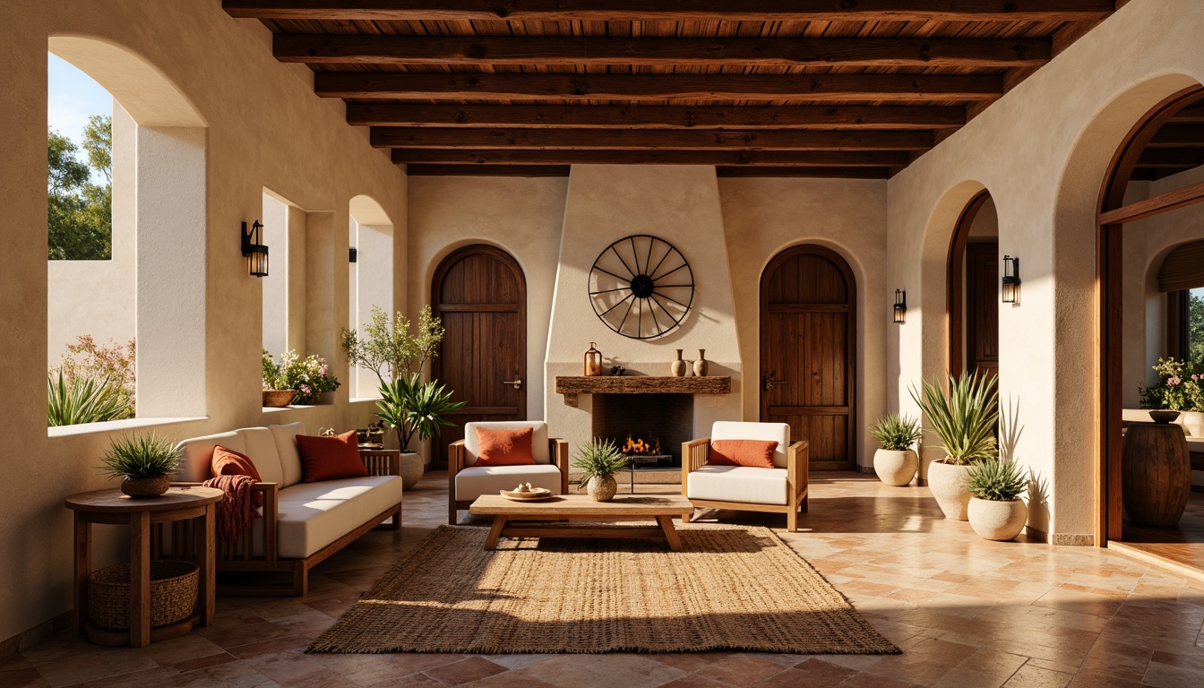 Prompt: Warm Mediterranean ambiance, earthy color palette, rustic stone walls, wooden ceiling beams, ornate ceramic tiles, cozy seating areas, plush furniture upholstery, natural fiber rugs, woven baskets, decorative lanterns, arched doorways, spacious open-plan living, airy high ceilings, abundant natural light, soft warm glow, 1/1 composition, shallow depth of field, realistic textures, ambient occlusion.