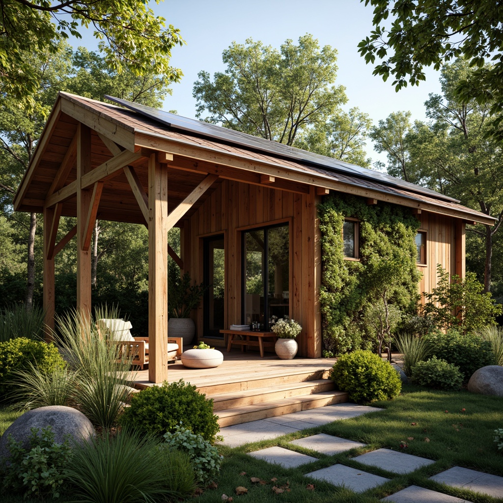 Prompt: Rustic wooden cabin, reclaimed wood accents, living green walls, solar panels, wind turbines, bamboo flooring, natural stone countertops, low-VOC paints, recycled glass materials, eco-friendly textiles, organic shapes, earthy color palette, warm soft lighting, shallow depth of field, 1/1 composition, realistic textures, ambient occlusion.