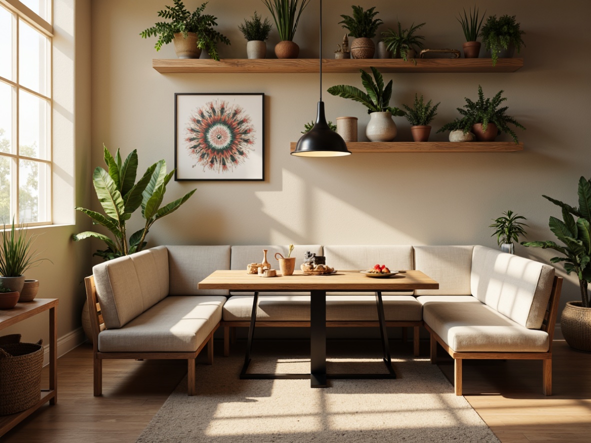 Prompt: Modern breakfast nook, sleek wooden table, minimalist metal legs, soft cushioned chairs, natural linen upholstery, warm beige tones, rustic wood accents, elegant pendant lighting, greenery wall decor, industrial chic shelving, earthy terracotta pots, vibrant fresh flowers, cozy morning ambiance, soft warm glow, 1/1 composition, realistic textures, ambient occlusion.