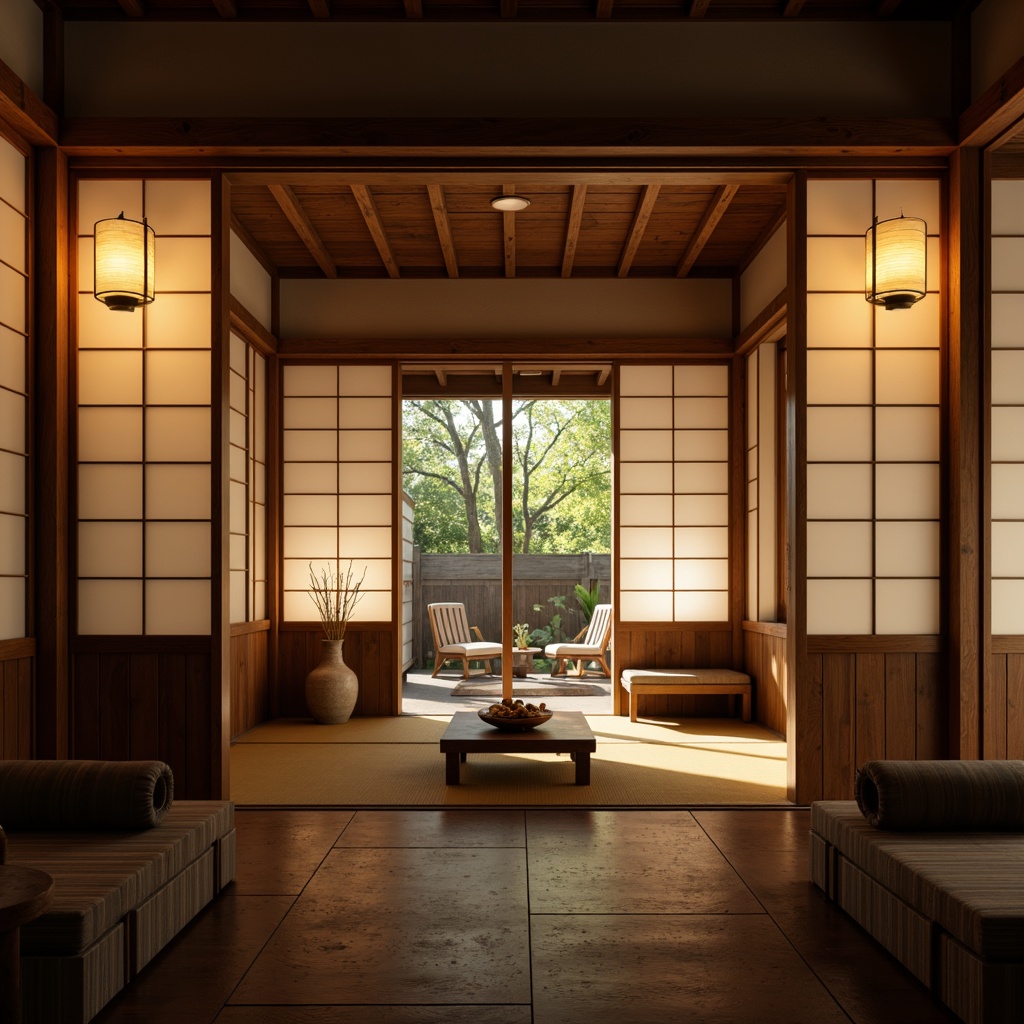 Prompt: Traditional Japanese shoji screens, warm paper lanterns, soft diffused lighting, gentle natural light, sliding wooden doors, tatami mats, minimalist decor, low seating areas, bamboo accents, natural wood tones, earthy color palette, subtle textures, cozy intimate atmosphere, warm ambient glow, 1/1 composition, shallow depth of field, realistic reflections.