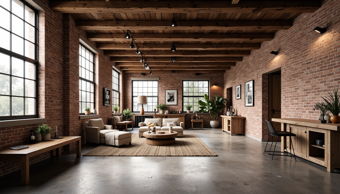 Prompt: Rustic industrial loft, exposed wooden beams, distressed brick walls, polished concrete floors, metal accents, reclaimed wood furniture, earthy color palette, natural textiles, pendant lighting, minimalist decor, urban chic atmosphere, soft warm glow, shallow depth of field, 1/1 composition, realistic textures, ambient occlusion.