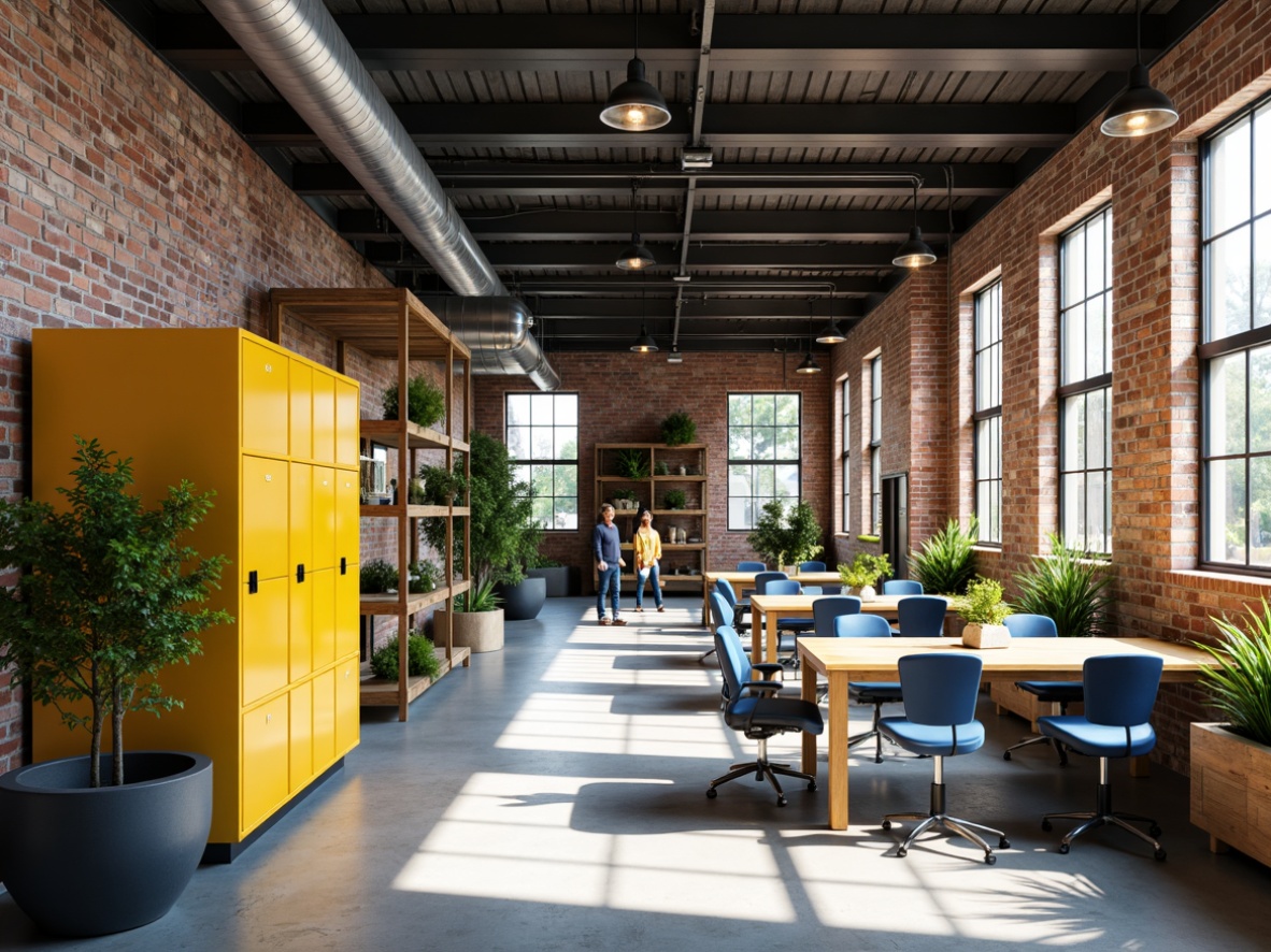 Prompt: Vibrant industrial interior, exposed brick walls, polished concrete floors, steel beams, modern metal accents, pops of bright color, yellow lockers, blue ergonomic chairs, greenery-filled planters, reclaimed wood shelving, industrial-style lighting fixtures, minimalist decor, urban aesthetic, high ceilings, abundant natural light, 1/1 composition, softbox lighting, realistic textures, ambient occlusion.