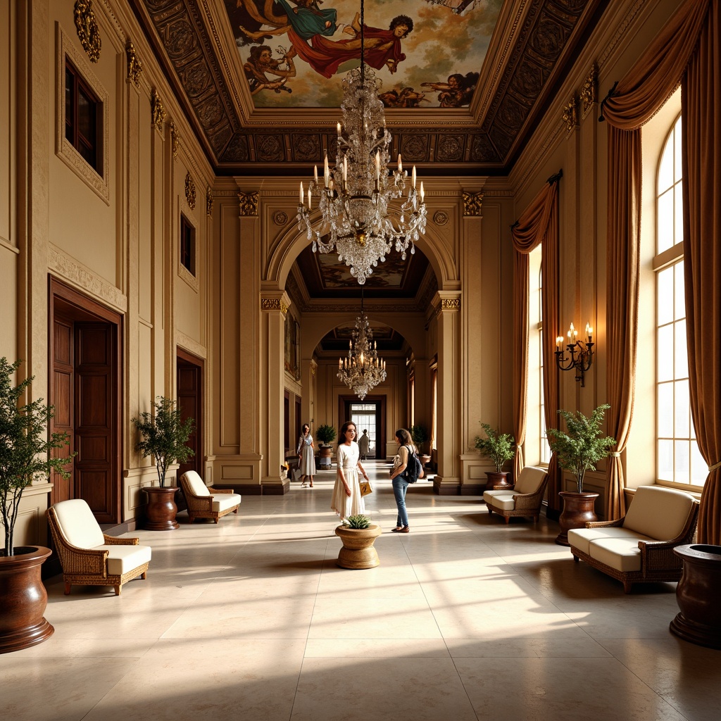 Prompt: Luxurious museum interior, Renaissance style, rich wood tones, ornate gold accents, cream-colored marble floors, intricate ceiling frescoes, grand chandeliers, opulent velvet drapes, warm beige walls, refined bronze fixtures, elegant archways, sophisticated neutral color palette, soft warm lighting, dramatic shadowing, 1/1 composition, realistic textures, ambient occlusion.