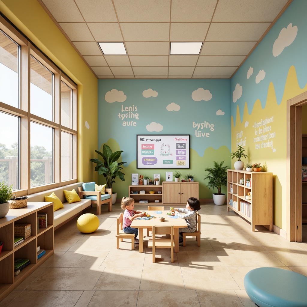 Prompt: Vibrant kindergarten, playful furniture, soft pastel colors, gentle wood tones, stimulating yellow accents, calming blue undertones, natural light pouring in, airy open spaces, collaborative learning areas, interactive whiteboards, comfortable seating zones, educational graphics, inspirational quotes, subtle texture variations, warm beige flooring, inviting entranceways, dynamic 3D shapes, lively wall murals, harmonious color balance, soft box lighting, shallow depth of field, 2/3 composition.