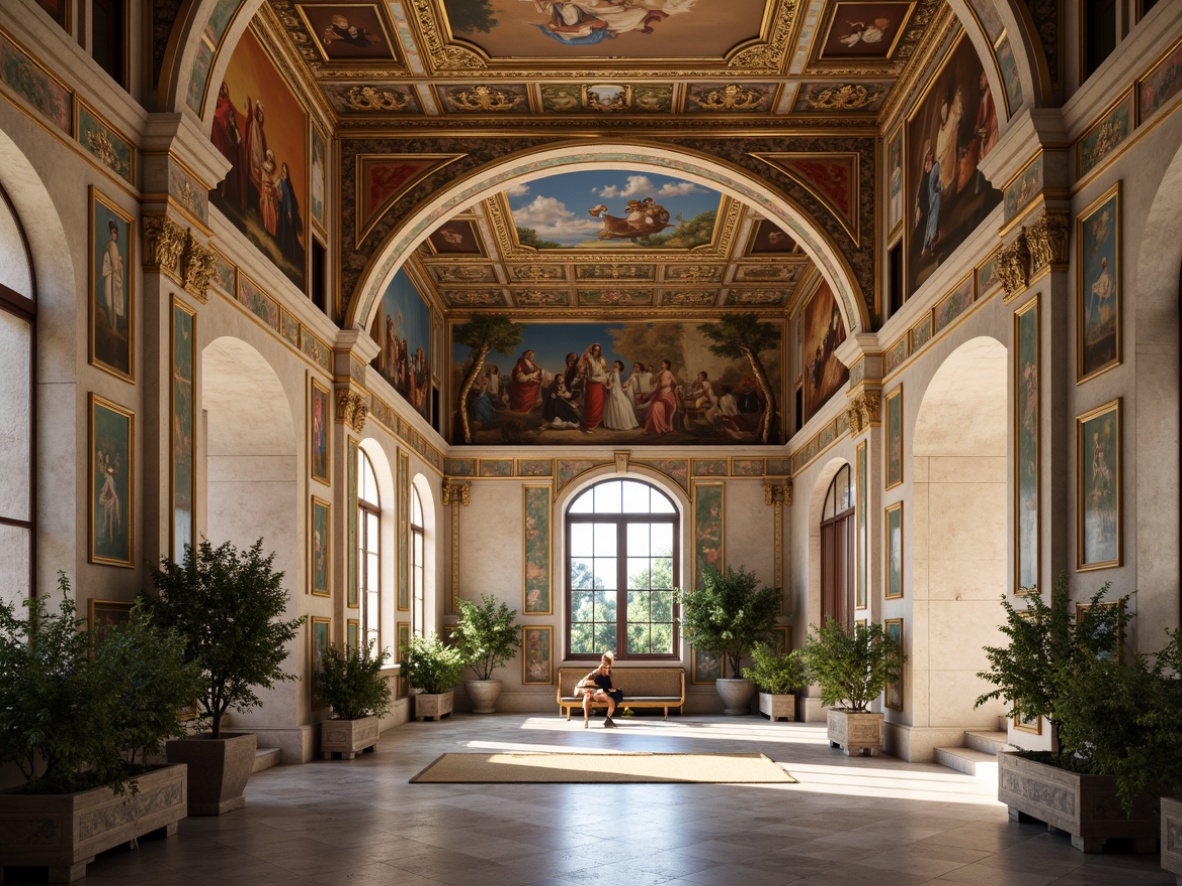 Prompt: Vibrant fresco murals, ornate decorative borders, soft warm lighting, classical Italian architecture, grand vaulted ceilings, elegant archways, refined stucco textures, subtle color palette, intricate geometric patterns, lush greenery, blooming flowers, serene ambiance, shallow depth of field, 3/4 composition, realistic textures, ambient occlusion.