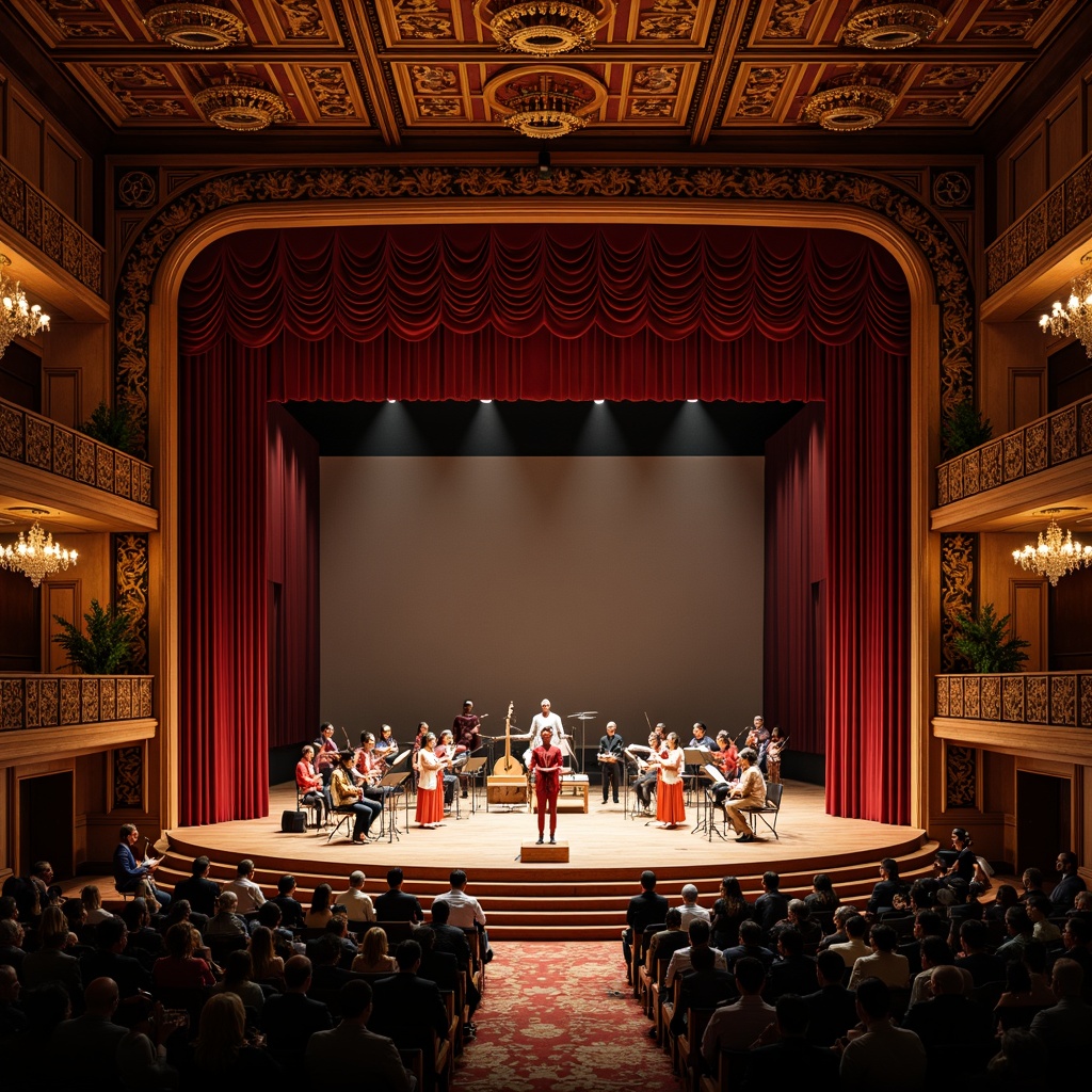 Prompt: Traditional performing arts center, ornate wooden stage, rich red velvet curtains, golden filigree details, intricate carvings, cultural heritage patterns, warm soft lighting, dramatic spotlights, rustic wooden flooring, elegant chandeliers, plush audience seating, vibrant colorful costumes, traditional instrumental ensembles, dynamic performance energy, intimate setting, 1/2 composition, shallow depth of field, realistic textures, ambient occlusion.