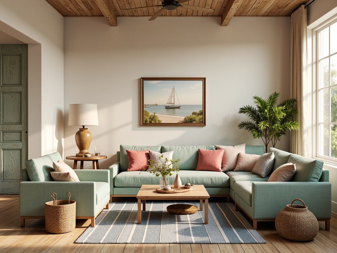 Prompt: Calming coastal interior, soft sandy beige walls, weathered wood accents, seafoam green furniture, coral pink decorative pillows, ocean-inspired blue and white striped rugs, natural jute textiles, woven seagrass baskets, driftwood coffee tables, vintage nautical decor, distressed finishes, warm golden lighting, shallow depth of field, 1/1 composition, realistic textures, ambient occlusion.