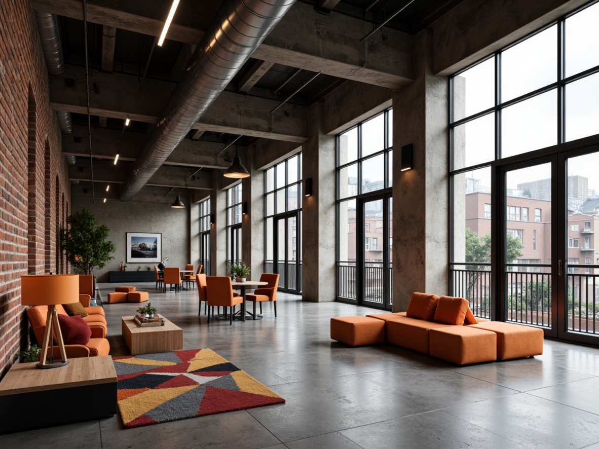 Prompt: Industrial steel frames, exposed brick walls, polished concrete floors, minimalist wooden furniture, bold primary color accents, functional metal pipes, industrial-style lighting fixtures, geometric patterned textiles, raw unfinished materials, brutalist architecture, modernist design elements, urban cityscape backdrop, overcast sky, high-contrast dramatic lighting, shallow depth of field, 2/3 composition, realistic reflections, ambient occlusion.