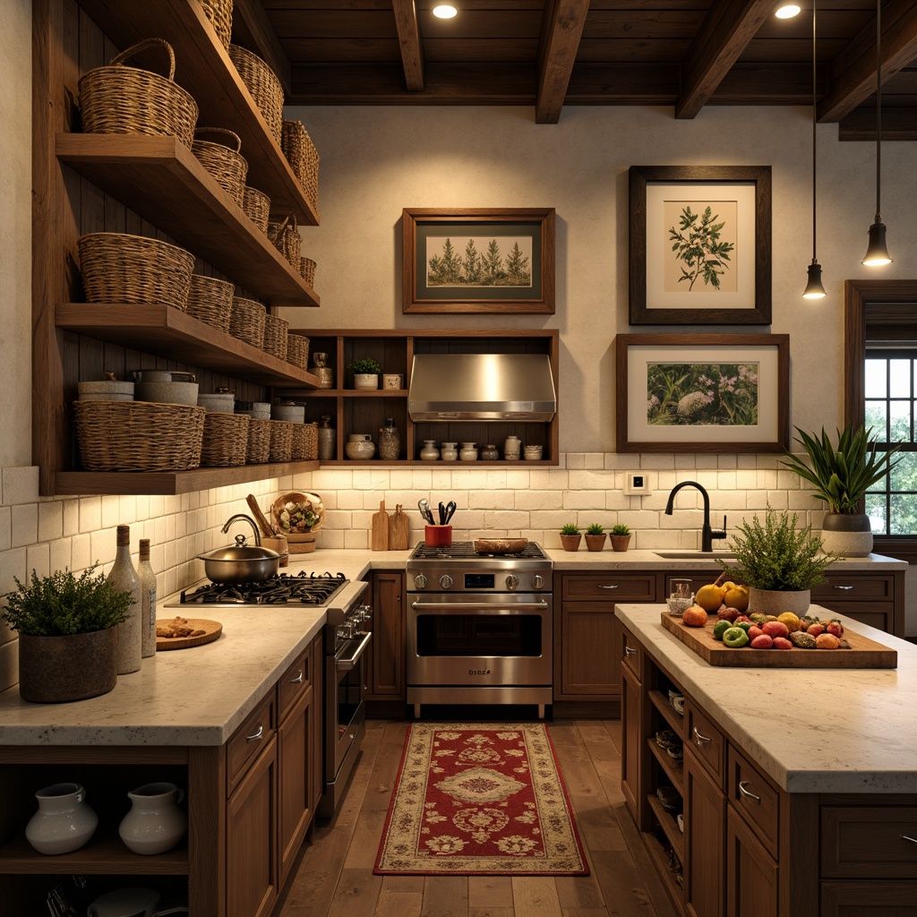 Prompt: Cozy kitchen, warm lighting, vintage wall art, rustic wooden shelves, woven baskets, ceramic jars, gourmet food displays, earthy color palette, natural stone countertops, modern appliances, sleek cabinets, botanical prints, distressed frames, soft focus, shallow depth of field, 1/1 composition, realistic textures, ambient occlusion.