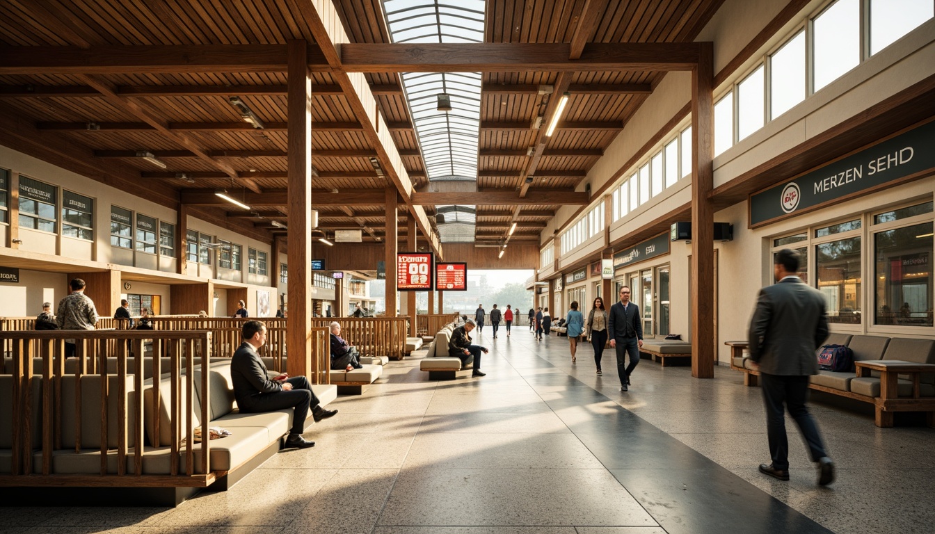 Prompt: Retro-style train station, mid-century modern architecture, clean lines, minimal ornamentation, functional design, wayfinding signage, bold typography, bright color scheme, geometric patterns, terrazzo flooring, wooden accents, industrial lighting, nostalgic atmosphere, vintage luggage racks, retro-inspired benches, urban cityscape, busy commuters, morning rush hour, warm natural light, shallow depth of field, 1/1 composition, realistic textures, ambient occlusion.