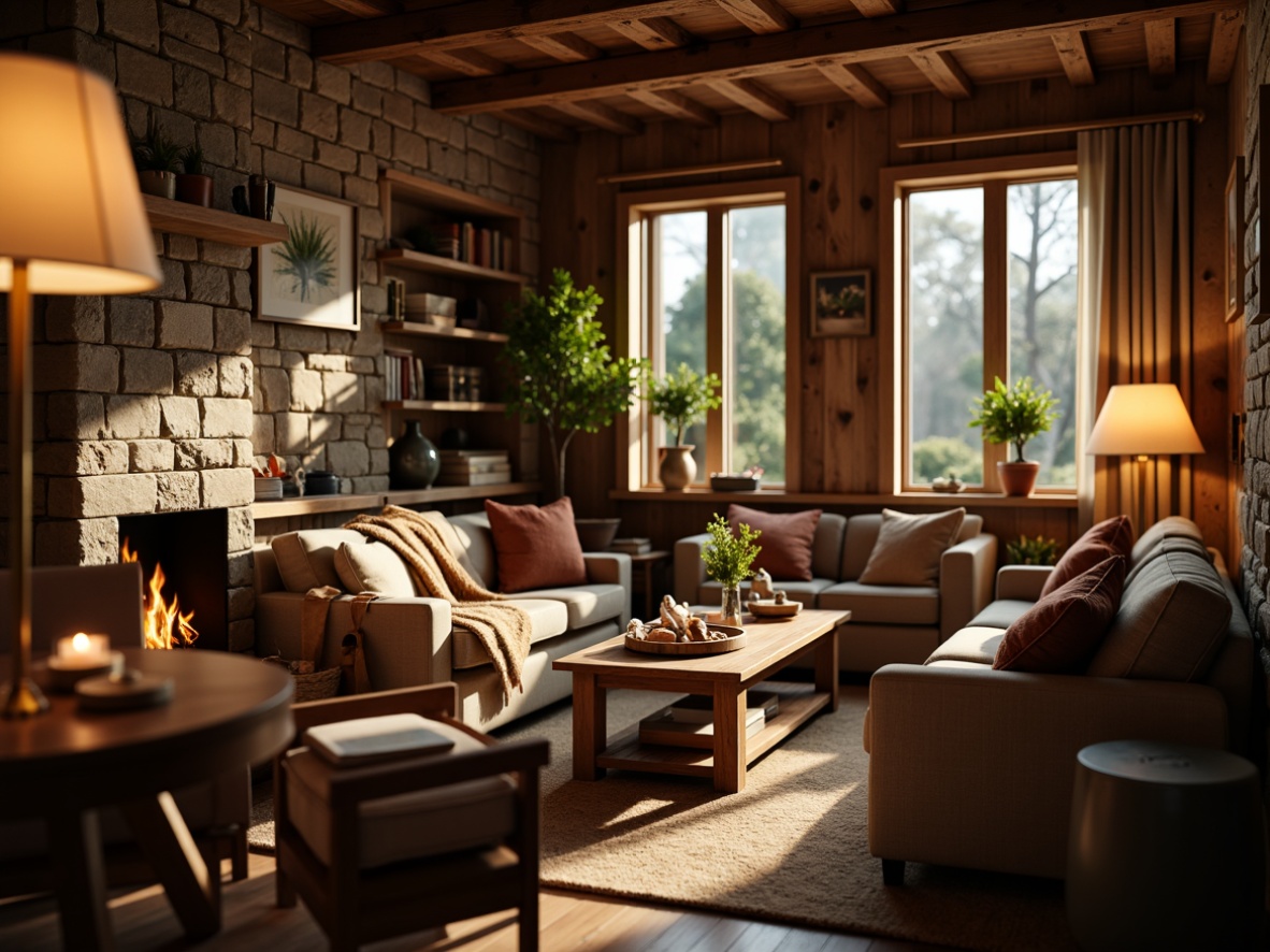 Prompt: Cozy living room, warm ambient lighting, floor lamps, table lamps, pendant lights, candles, fireplaces, dimmable LED strips, soft warm glow, rustic wooden furniture, plush throw blankets, natural stone walls, earthy color palette, comfortable seating areas, intimate gathering spaces, afternoon sunbeams, gentle shadows, 1/2 composition, shallow depth of field, realistic textures.