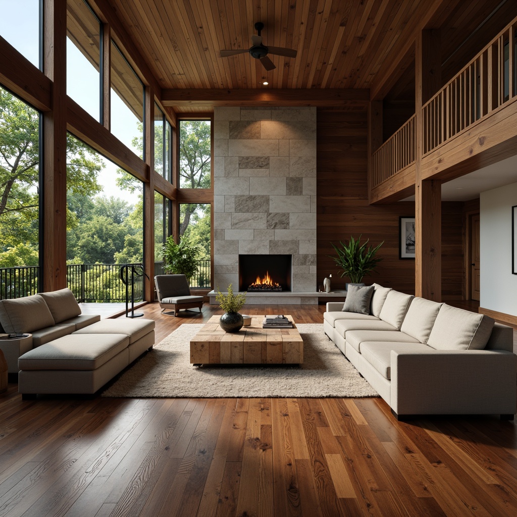 Prompt: Luxurious living room, hardwood flooring, rich walnut tones, subtle grain textures, soft warm lighting, comfortable seating area, modern minimalist decor, floor-to-ceiling windows, natural stone accents, cozy fireplace, realistic wood patterns, ambient occlusion.