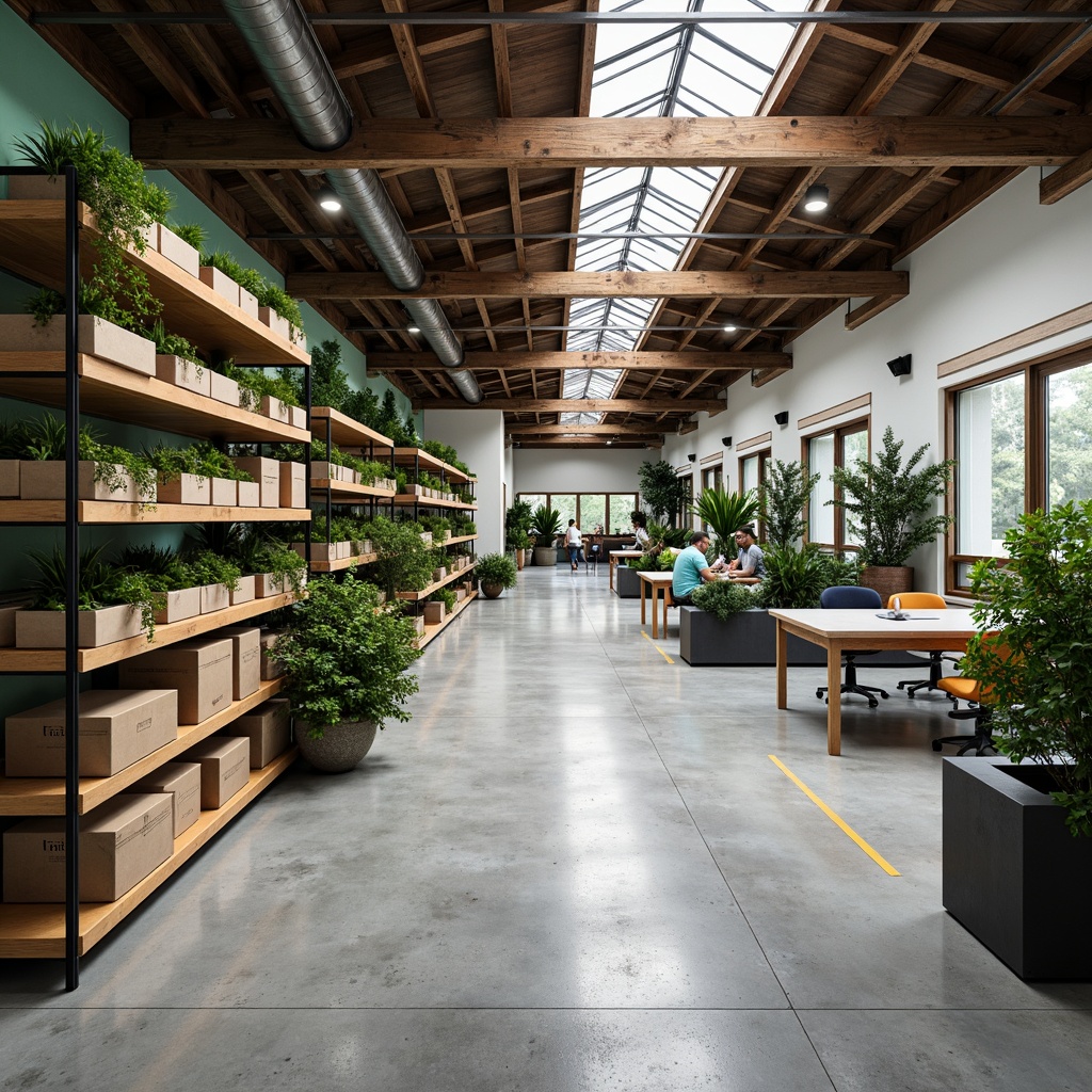 Prompt: Industrial warehouse, rustic metal beams, polished concrete floors, modern LED lighting, sleek shelving systems, organized inventory storage, functional workstations, ergonomic office spaces, natural wood accents, vibrant green walls, living plants, minimalist decor, airy open spaces, abundant daylight, softbox diffused light, shallow depth of field, 2/3 composition, symmetrical framing, realistic textures, ambient occlusion.