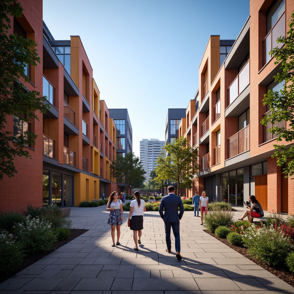 Prompt: Vibrant university campus, modern educational facilities, bold brick buildings, sleek glass atriums, warm natural wood accents, rich earthy tones, deep blue hues, crisp white trim, pops of bright coral, energetic yellow highlights, subtle gradient effects, soft ambient lighting, realistic textures, shallow depth of field, 3/4 composition, panoramic view.