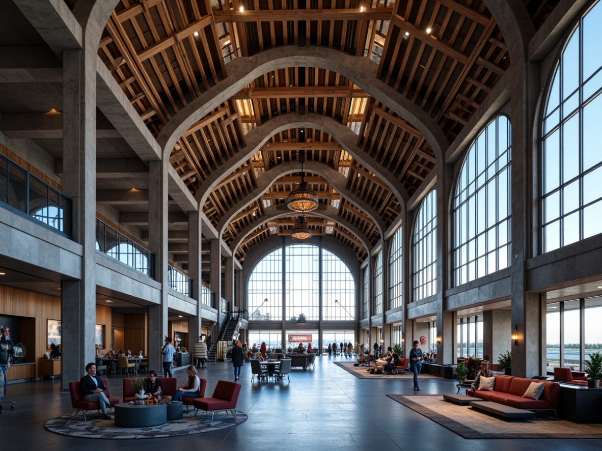 Prompt: Airport terminal, Gothic architectural style, grand high ceilings, ribbed vaults, pointed arches, intricate stone carvings, modern industrial materials, exposed ductwork, polished concrete floors, metallic accents, bold color scheme, deep blues, rich reds, neutral grays, warm beige tones, atmospheric lighting, softbox diffusers, floor-to-ceiling windows, minimalist furniture, sleek lines, luxurious textiles, ambient noise reduction, 1/1 composition, realistic reflections, high-dynamic-range rendering.