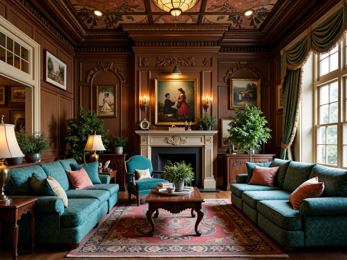 Prompt: Richly ornate Victorian family room, intricately patterned teal upholstery, velvety soft sofas, antique wooden furniture, carved mahogany coffee tables, luscious greenery, potted plants, warm golden lighting, intricate ceiling moldings, heavy drapery, tassel-trimmed curtains, plush area rugs, ornate mirrors, classic oil paintings, vintage decorative accents, richly colored tapestries, comfortable reading nooks, 3/4 composition, shallow depth of field, realistic textures, ambient occlusion.