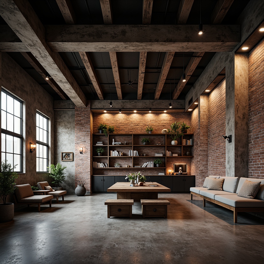 Prompt: Exposed brick walls, industrial metal beams, reclaimed wood accents, distressed concrete textures, urban loft atmosphere, modern industrial lighting, metallic color palette, rough-hewn stone features, minimalist decorative elements, functional shelving units, raw unfinished ceilings, concrete floors, moody atmospheric lighting, cinematic composition, gritty realistic renderings, high-contrast dramatic shadows.