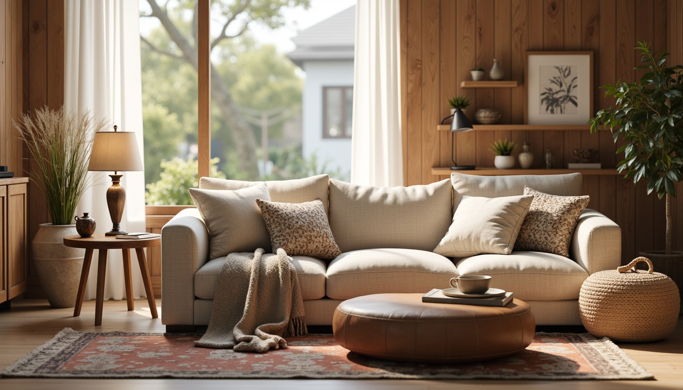 Prompt: Cozy living room, plush sofa, oversized pillows, warm beige tones, natural wood accents, comfortable ottoman, soft blanket throws, vintage rug, elegant floor lamp, calming ambiance, warm white lighting, shallow depth of field, 1/1 composition, realistic textures, ambient occlusion.