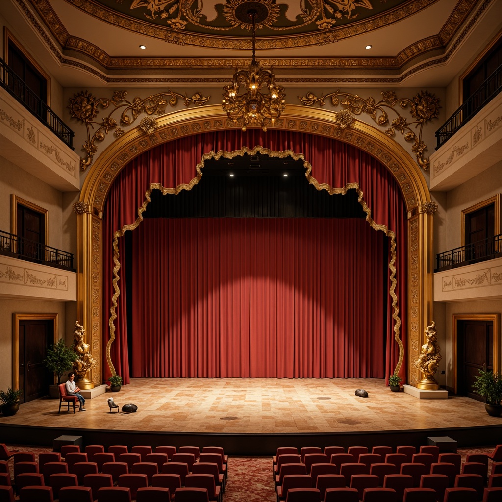 Prompt: Elegant proscenium arch, ornate gold leaf details, rich velvet curtains, intricately carved wooden panels, warm soft lighting, classic column architecture, grand chandelier, polished marble floors, luxurious red seats, traditional Japanese tatami mats, subtle Asian-inspired motifs, serene natural materials, earthy color palette, minimalist stage design, shallow depth of field, 2/3 composition, soft focus, warm atmospheric lighting.