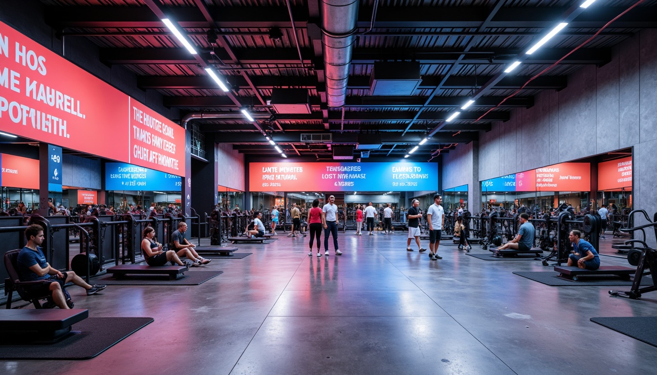 Prompt: Modern gym interior, high ceilings, industrial-style lighting, metal beams, polished concrete floors, mirrored walls, state-of-the-art exercise equipment, motivational quotes, vibrant colors, energizing atmosphere, overhead track lights, suspended linear fixtures, LED strips, dimmable options, cool white tones, anti-glare coatings, 1/1 composition, sharp focus, high-contrast lighting, dynamic shadows.