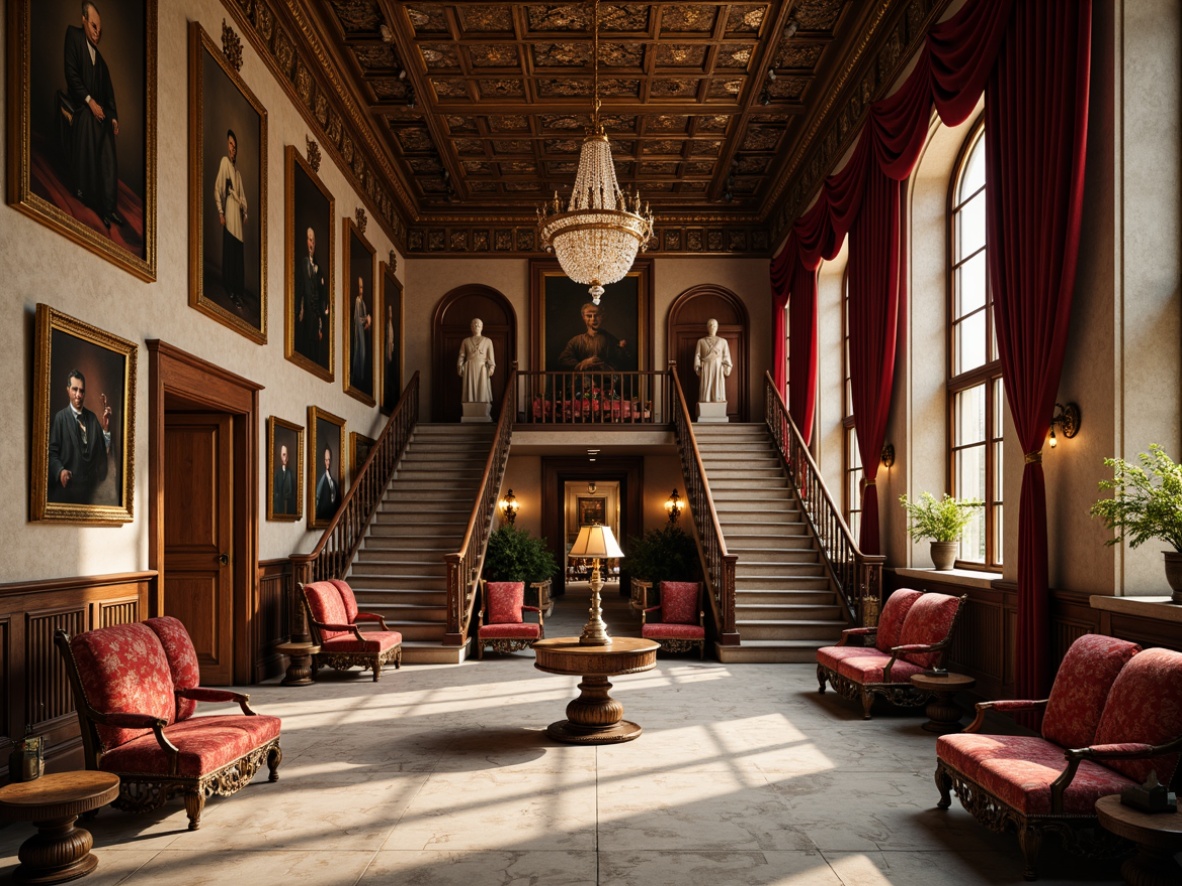 Prompt: Luxurious museum interior, Renaissance-style furnishings, ornate wooden frames, velvet upholstery, golden accents, crystal chandeliers, marble flooring, intricate carvings, classical sculptures, grand staircases, lavish drapery, richly textured fabrics, warm ambient lighting, soft focus, shallow depth of field, 2/3 composition, realistic reflections.